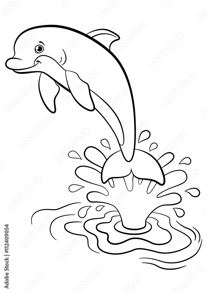 Obraz premium Coloring pages. Marine wild animals. Little cute dolphin.