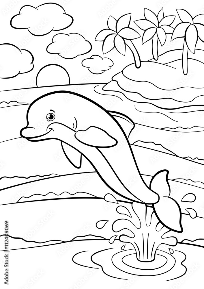 Fototapeta premium Coloring pages. Marine wild animals. Little cute dolphin jumps out of the water and smiles.