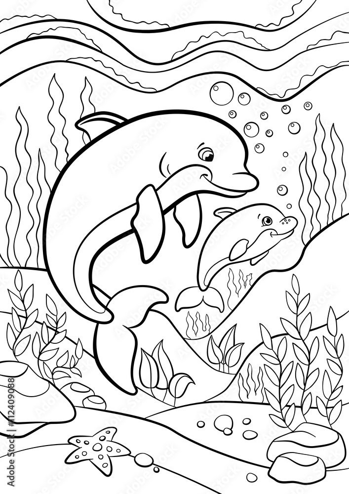 Coloring pages. Marine wild animals. Mother dolphin swims underwater with  her little cute baby dolphin. Stock Vector | Adobe Stock