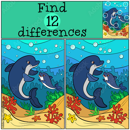 Children games: Find differences. Mother dolphin swims underwater with her little cute baby dolphin.