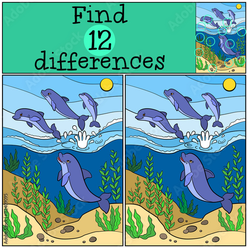Children games: Find differences. Group of little cute dolphins jumps out of the water and smiles.