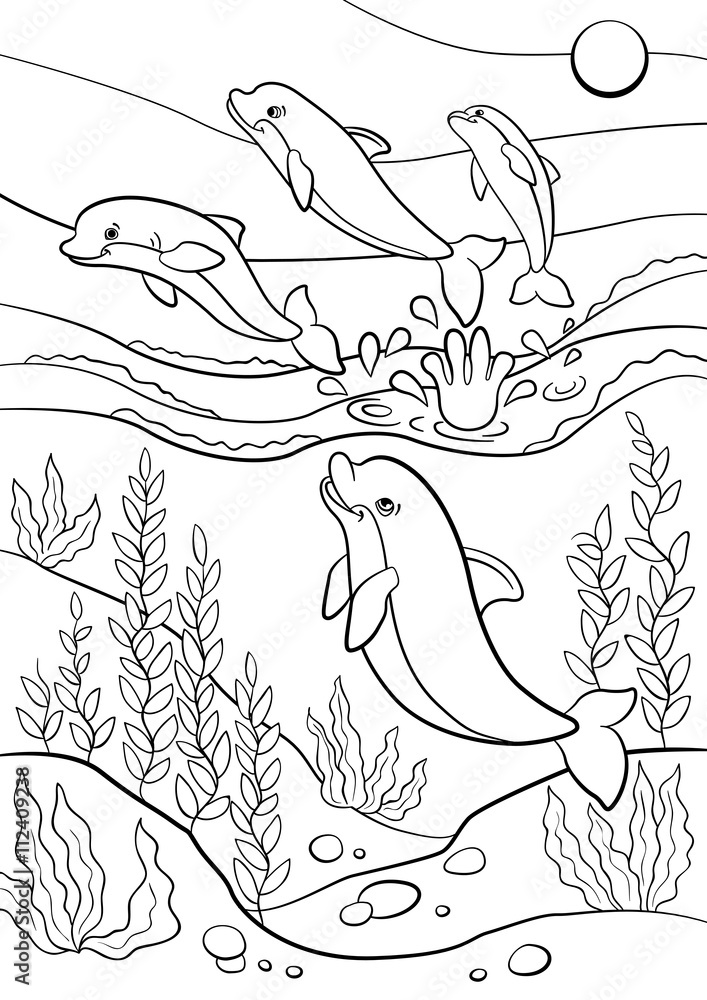 Obraz premium Coloring pages. Marine wild animals. Cute dolphins jumps out of the water and smiles.