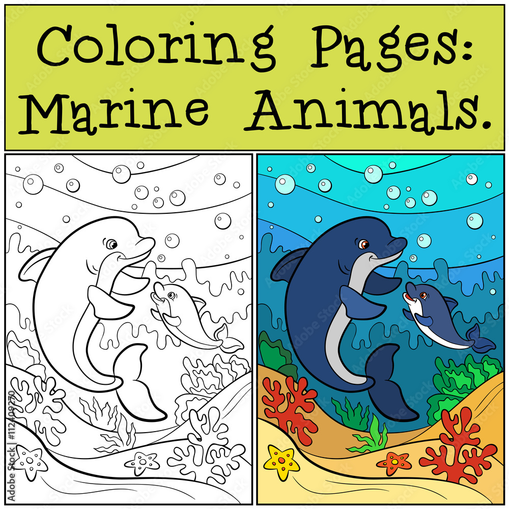 Obraz premium Coloring Pages: Marine Animals. Mother dolphin swims underwater with her little cute baby dolphin.