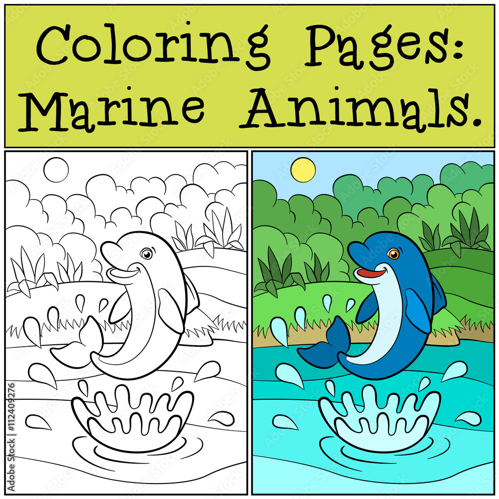 Naklejka premium Coloring Pages: Marine Animals. Little cute dolphin jumps out of the water. There is an island with bushes and grass behind him.