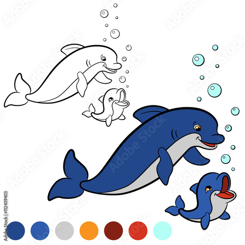 Coloring page. Color me: dolphin. Mother dolphin swims with her little cute baby dolphin and smiles.