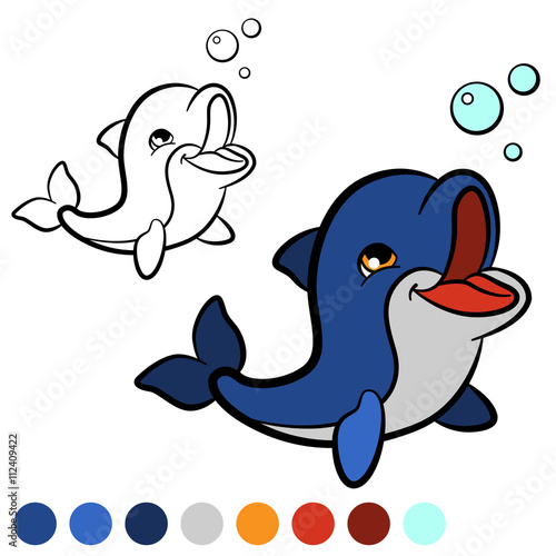 Coloring page. Color me: dolphin. Little cute baby dolphin swims and smiles.