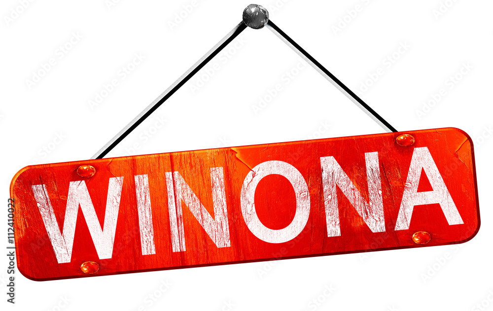 winona, 3D rendering, a red hanging sign winona, 3D rendering, a red hanging sign