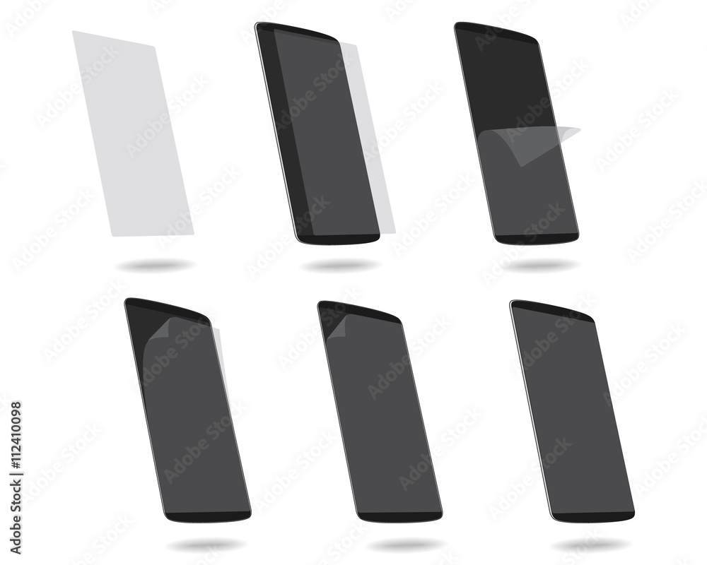 Black smart phones protection film on screen set different steps Black smart phones protection film on screen set different steps