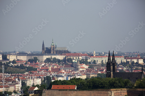 Prague castle with Vysehrad. Famous castle in Czech republic. Travel destination in central Europe. Castle in Prague old town. Historical gothic and baroque architecture. Cechia town. photo