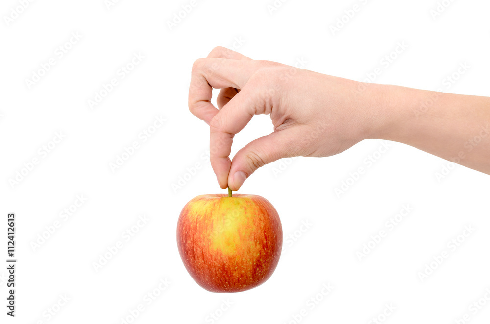 Female hand holding a red apple on a white background Female hand holding a red apple on a white background