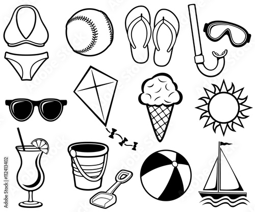 Vector illustration of a variety of summer-themed black and white icons.