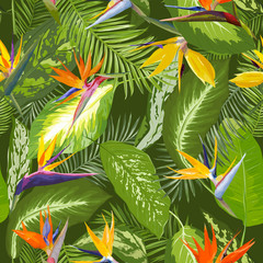 Seamless Pattern. Tropical Palm Leaves Background. Tropical Flowers