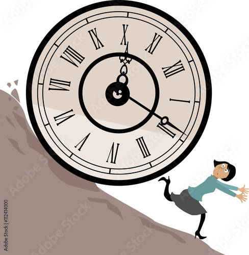 Woman running from a huge clock rolling downhill, EPS 8 vector illustration, no transparencies 