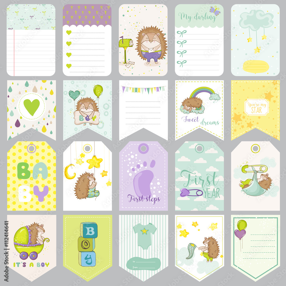Baby Boy Tags. Baby Banners. Scrapbook Labels. Cute Cards. Vectoк - obrazy, fototapety, plakaty 