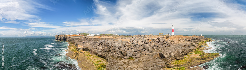 A panorama photograph of Portland Bill from Pulpit Rock.