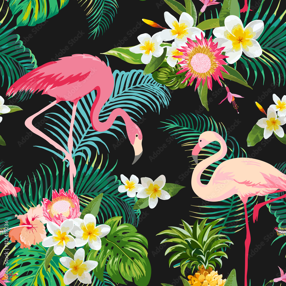 Obraz premium Tropikalne kwiaty i ptaki w tle. Vintage wzór.