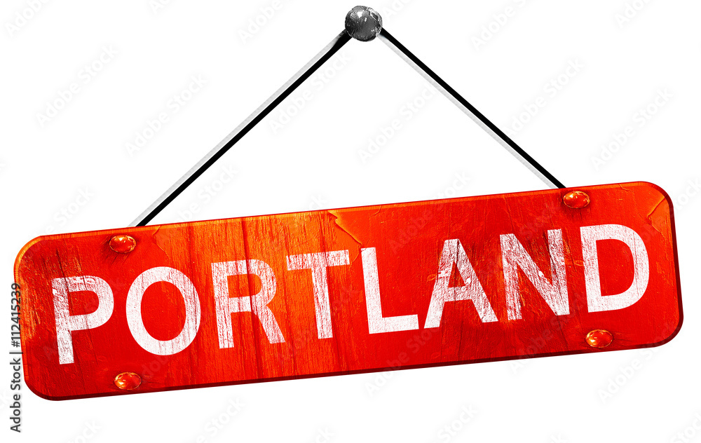 portland, 3D rendering, a red hanging sign portland, 3D rendering, a red hanging sign