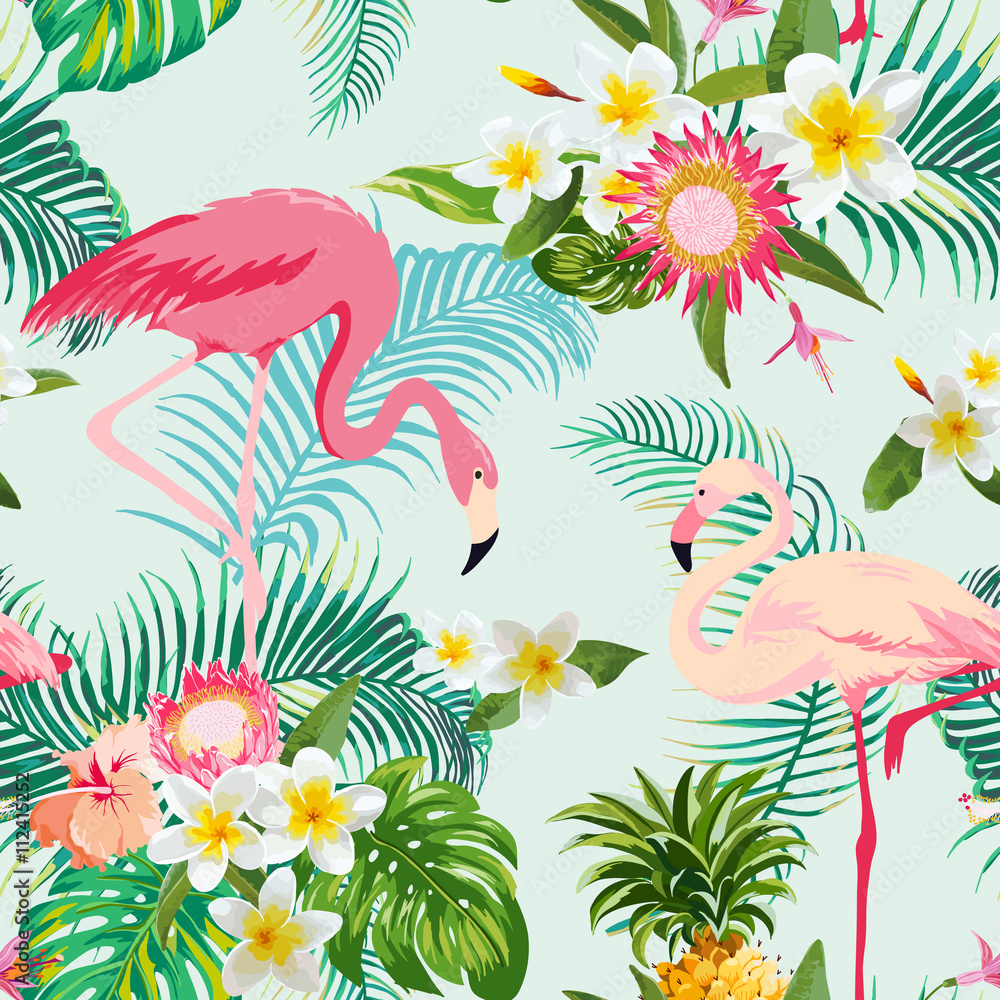 Obraz premium Tropikalne kwiaty i ptaki w tle. Vintage wzór.