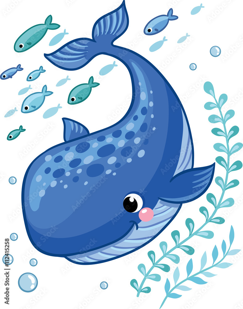 Obraz premium Cartoon young whale surrounded by small sea fish, seaweed and air bubbles. Vector illustration in cartoon style for summer sea theme.