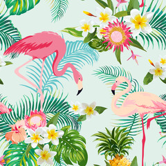 Tropical Flowers and Birds Background. Vintage Seamless Pattern.
