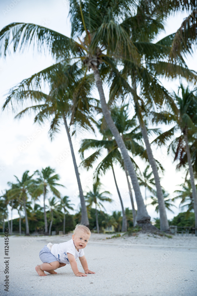 Adorable toddlerboy crawling in a tropic park. Cute little boy learning to walk outside on the sandy ocean beach. Small child near palms.