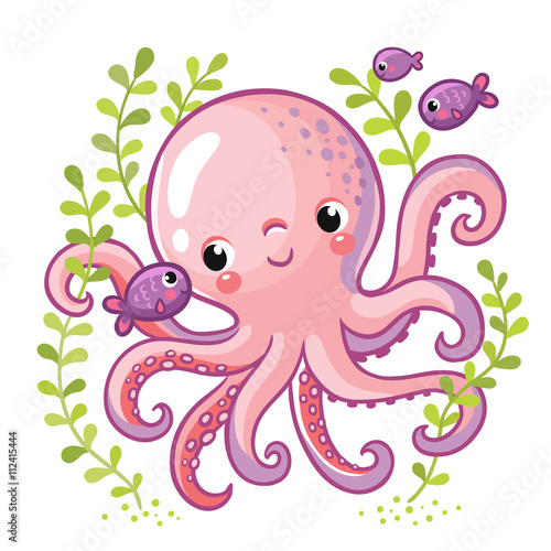 Cartoon young octopus surrounded by small sea fish and seaweed. Vector illustration in cartoon style for summer sea theme.