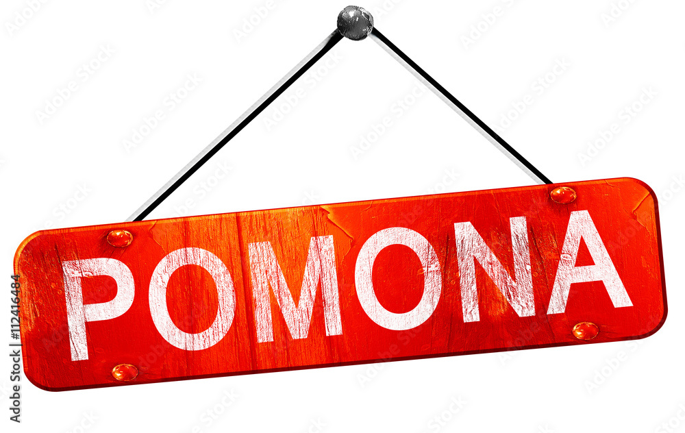 pomona, 3D rendering, a red hanging sign pomona, 3D rendering, a red hanging sign