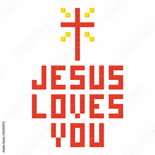 Christian art. Colorful interlocking plastic bricks, plastic construction. Jesus loves you.