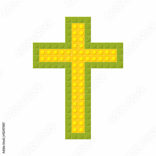 Christian art. Colorful interlocking plastic bricks, plastic construction. Cross of Jesus.