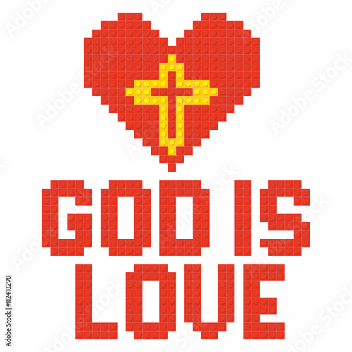 Christian art. Colorful interlocking plastic bricks, plastic construction. God is love.