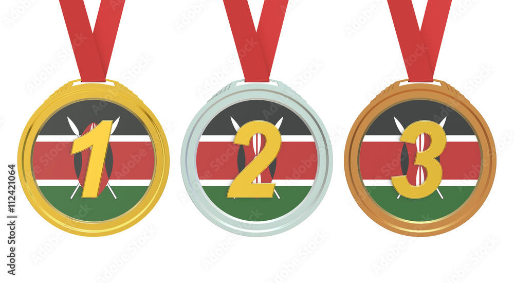Gold, Silver and Bronze medals with Republic of Kenya flag, 3D r Stock