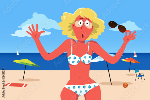 Sunburned woman in a bikini at the beach, EPS 8 vector illustration