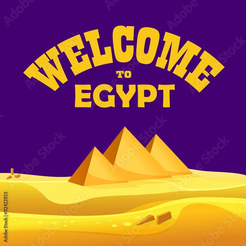 Cartoon "Welcome to Egypt" concept. Egyptian pyramids in the desert with night sky. Vector illustration