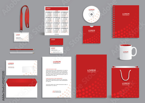 Business stationery set template, corporate identity design mock-up, stationery set with red pattern with circles, vector illustration