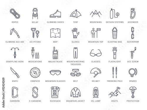 Set Vector Flat Line Icons Mountaineering