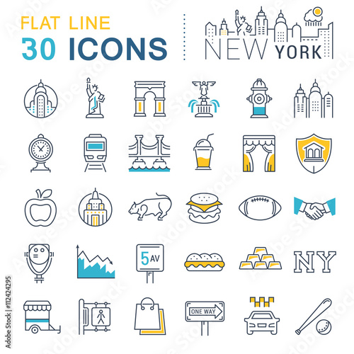 Set Vector Flat Line Icons New York