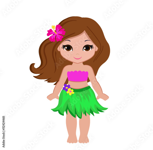 Cute cartoon girl in traditional Hawaiian dancer costume.