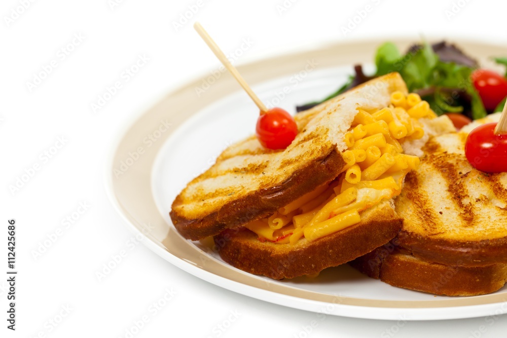 Macaroni and Cheese Sandwich on White Background. Selective focus.