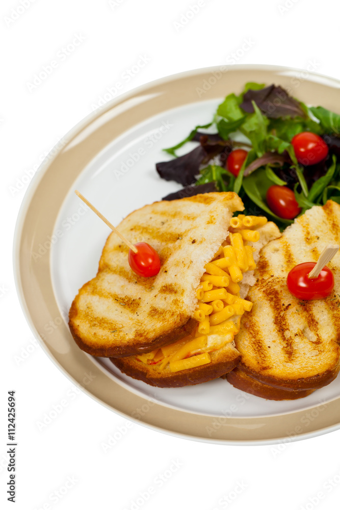 Macaroni and Cheese Sandwich on White Background. Selective focus.