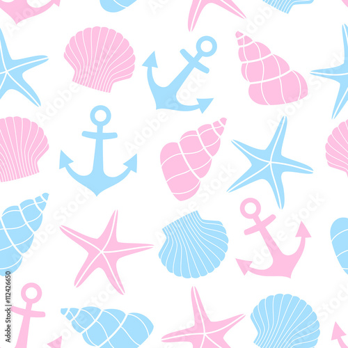 Cute marine life Background. Nautical seamless pattern with starfish, shell, anchor on white background. Baby shower vector illustration. Sea theme. Design for fabric and decor.