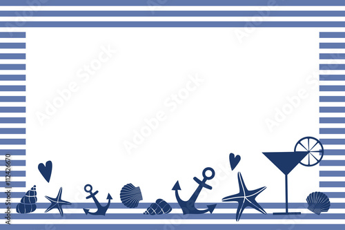 Cute nautical design with space for your text, starfish, anchor, heart, cocktail on striped background. Marine style banner and flyer. Summer card. Sea theme. photo