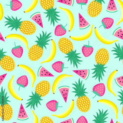 Seamless pattern with yellow bananas, pineapples and juicy strawberries on mint green background. Cute vector background. Bright summer fruits illustration. Fruit mix design for fabric and decor.