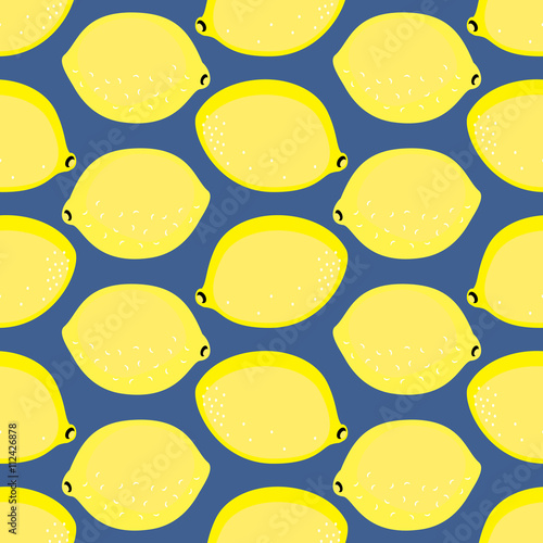 Lemon pattern. Seamless decorative background with yellow lemons. Summer fruit illustration on blue background. Design for fabric and decor.