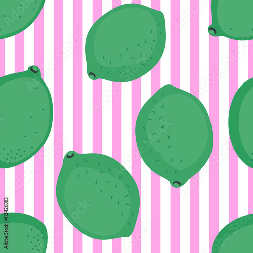 Green lime pattern. Seamless decorative background with limes. Summer fruit vector illustration on pink striped background. Fashion design for fabric and decor.