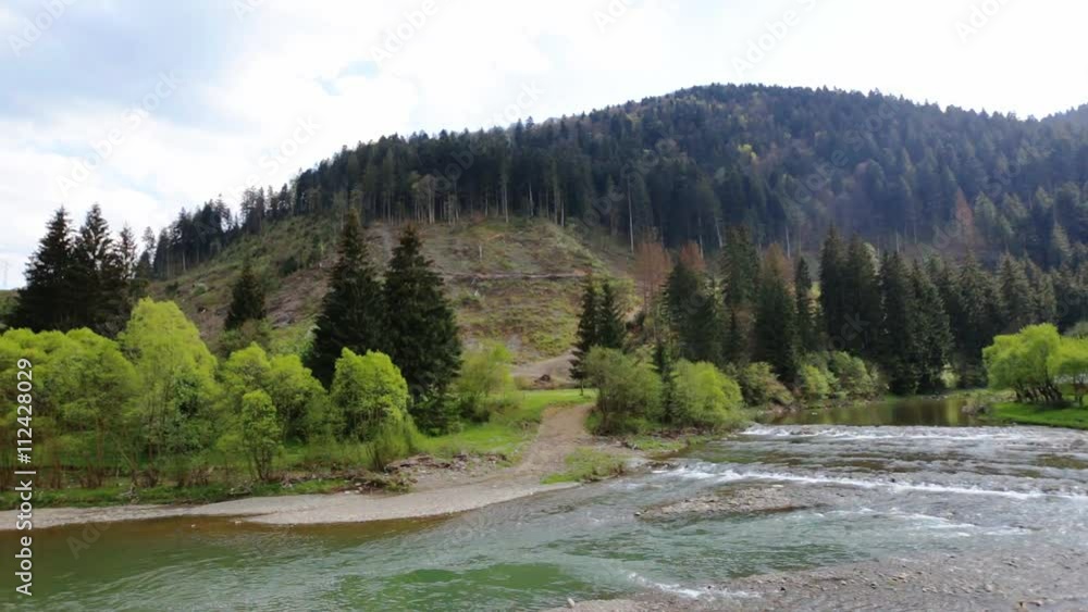 Aerial view mountain lake and river mouth forest wilderness Aerial view mountain lake and river mouth forest wilderness