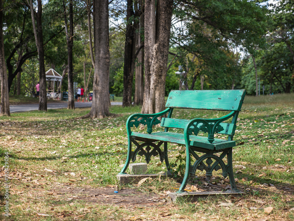 Empty wooden chair in public park