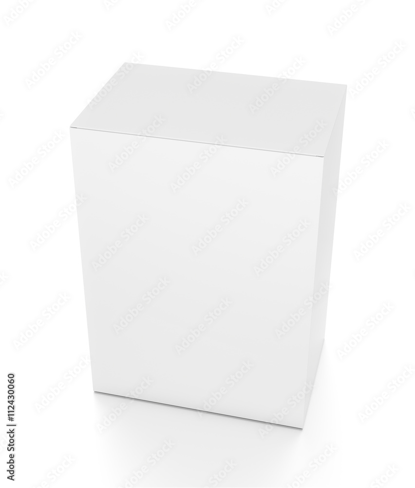 White vertical rectangle blank box from top front side angle. 3D illustration isolated on white background. White vertical rectangle blank box from top front side angle. 3D illustration isolated on white background.