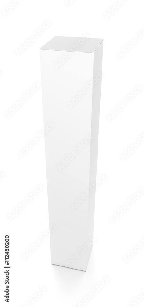 White tall vertical rectangle blank box from top front side angle. 3D illustration isolated on white background. White tall vertical rectangle blank box from top front side angle. 3D illustration isolated on white background.