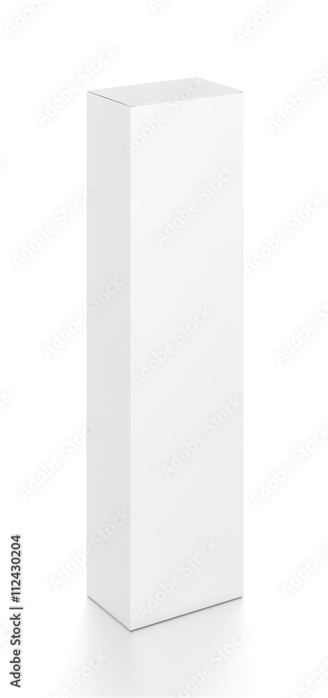White tall vertical rectangle blank box from top front side angle. 3D illustration isolated on white background.
