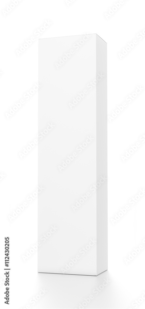 White tall vertical rectangle blank box from front far side angle. 3D illustration isolated on white background.